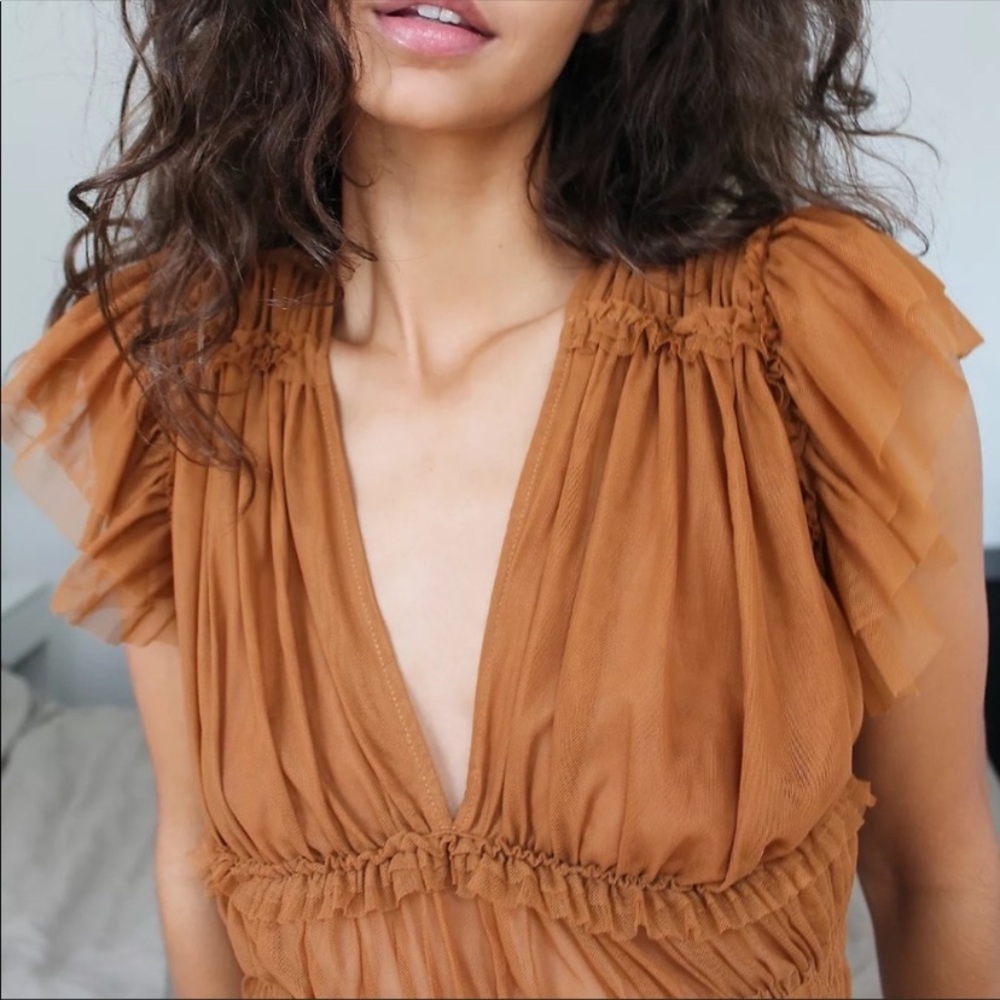 Free People Rustic Caramel Ruffled V-Neck Top